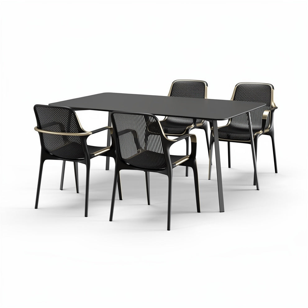 **Stół z krzesłami - Nowoczesny zestaw mebli, czarny design z wygodnymi siedziskami**