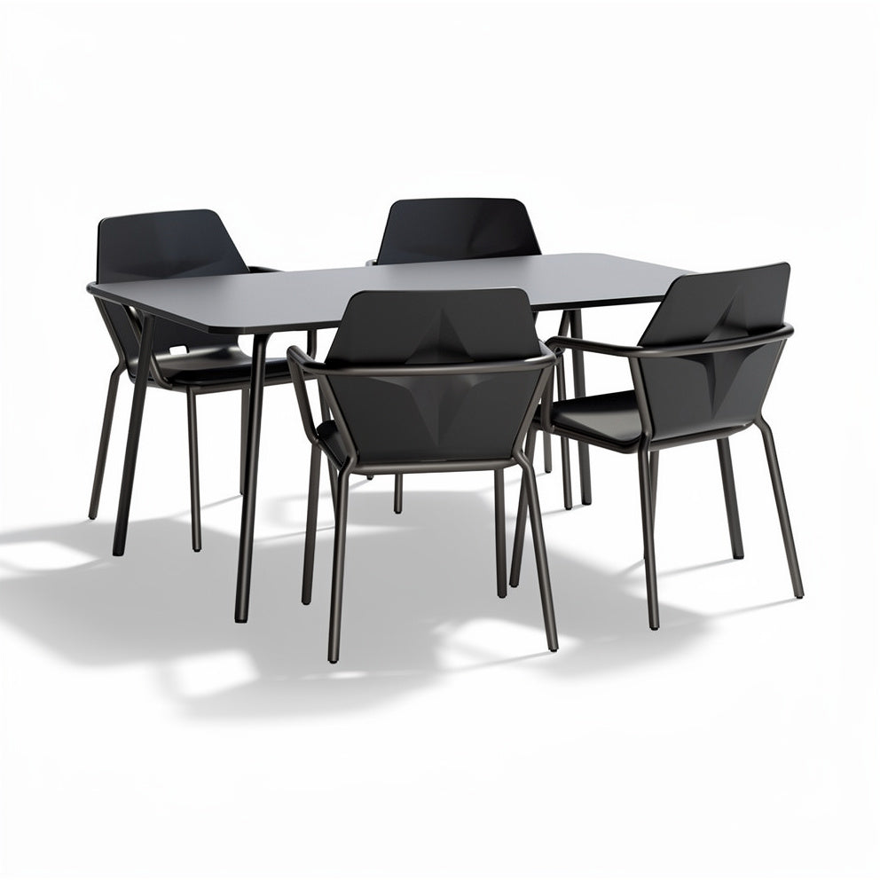 Tabela z czterema krzesłami - nowoczesny design, czarny kolor, idealna do jadalni.