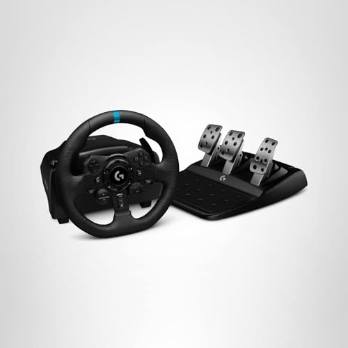 Logitech G923 Racing Wheel and Pedals, TRUEFORCE up to 1000 Hz Force Feedback, Gaming Steering Wheel PS5, PS4, PC, Mac, Genuine Leather- Black
