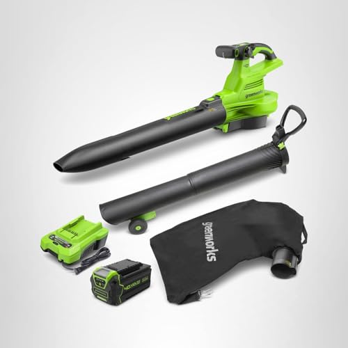 Greenworks 40V (230 MPH / 505 CFM) Cordless Brushless Leaf Blower/Vacuum with Bag, High Power, Lightweight & Quiet for Yard Debris Cleanup, Includes