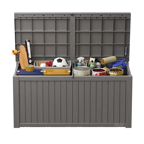 EAST OAK Outdoor Storage Box, 120 Gallon Deck Box with Stainless Steel Rods Large Resin Storage Bin for Patio Cushions, Garden Tools, Waterproof and