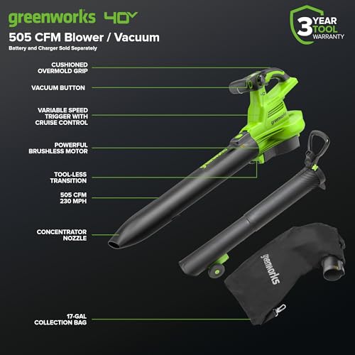 Greenworks 40V (230 MPH / 505 CFM) Cordless Brushless Leaf Blower/Vacuum with Bag, High Power, Lightweight & Quiet for Yard Debris Cleanup, Includes