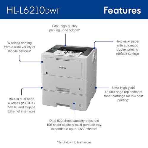 Brother Professional Laser Printer with High-Speed 50 ppm Output, Advanced Security Features, and Wireless Networking for Business, Monochrome