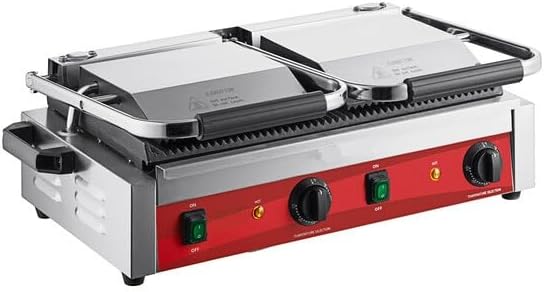 Commercial Dual Panini Sandwich Grill with Grooved Cast Iron Plates, 19.5x9.1 Inch Cooking Surface, 3500W Electric, 120-570F Temperature Control