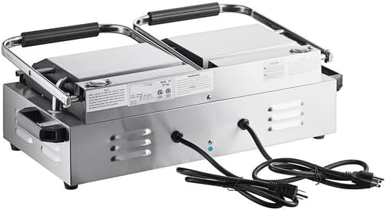 Commercial Dual Panini Sandwich Grill with Grooved Cast Iron Plates, 19.5x9.1 Inch Cooking Surface, 3500W Electric, 120-570F Temperature Control