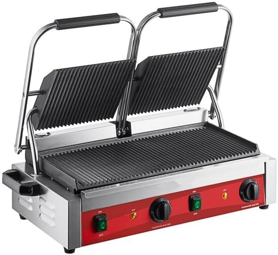 Commercial Dual Panini Sandwich Grill with Grooved Cast Iron Plates, 19.5x9.1 Inch Cooking Surface, 3500W Electric, 120-570F Temperature Control