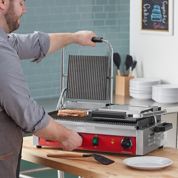 Commercial Dual Panini Sandwich Grill with Grooved Cast Iron Plates, 19.5x9.1 Inch Cooking Surface, 3500W Electric, 120-570F Temperature Control