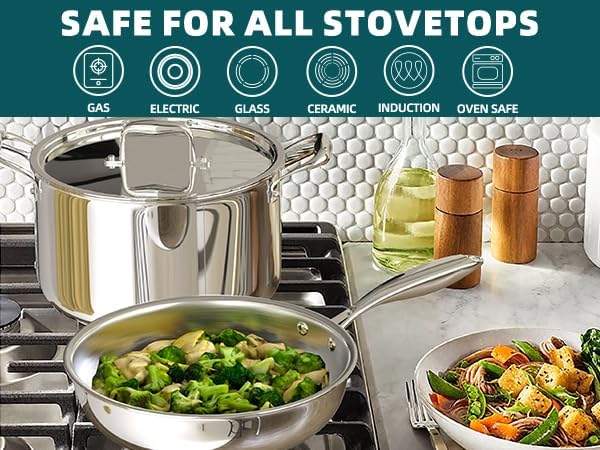 Umite Chef Stainless Steel Cookware Set, 5 Ply 14 Piece Stainless Steel Pot and Pan Set-Induction, Heavy Chef Quality, Oven Safe | Professional