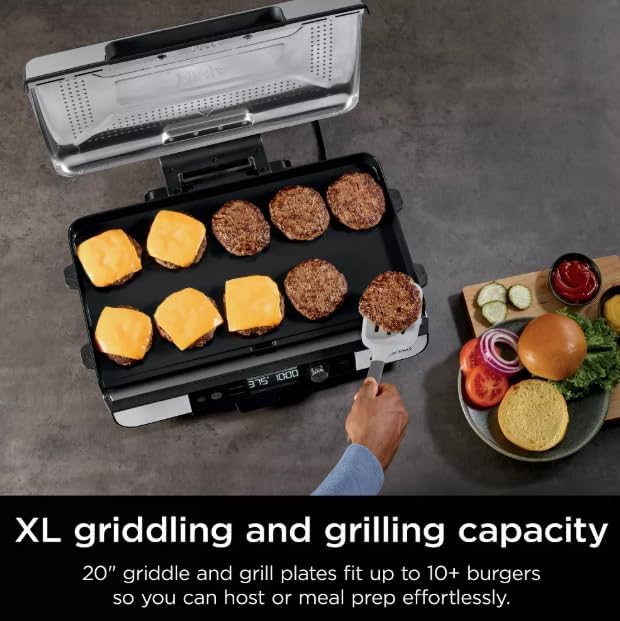 Ninja Sizzle Pro XL 20 Inch Indoor Griddle & Grill with ProTemp IQ, 250FC500F, Detachable Ventilated Lid, Grease Control, Ceramic Nonstick Plates