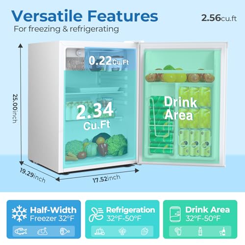 3.2 Cu.ft Mini Fridge with Freezer, Compact Refrigerator with Reversible Single Door, Adjustable Thermostat, Low Noise, Energy Efficient for Office