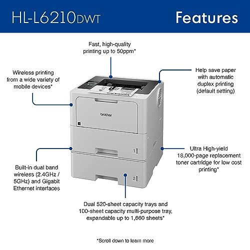 Brother Professional Laser Printer with High-Speed 50 ppm Output, Advanced Security Features, and Wireless Networking for Business, Monochrome