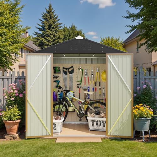 Greesum Outdoor Storage Shed 6 x 8 ft. Utility Tool Shed Metal Storage Garden Shed with Door & Lock for Patio Storage, Brown