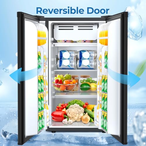 3.2 Cu.ft Mini Fridge with Freezer, Compact Refrigerator with Reversible Single Door, Adjustable Thermostat, Low Noise, Energy Efficient for Office