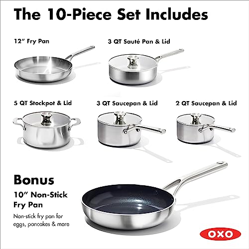 OXO Mira Tri-ply Stainless Steel, 10 Piece Cookware Pots and Pans Set, Skillets, Saute, Saucepans, Lids,Incl Ceramic Nonstick Frying Pan,Induction