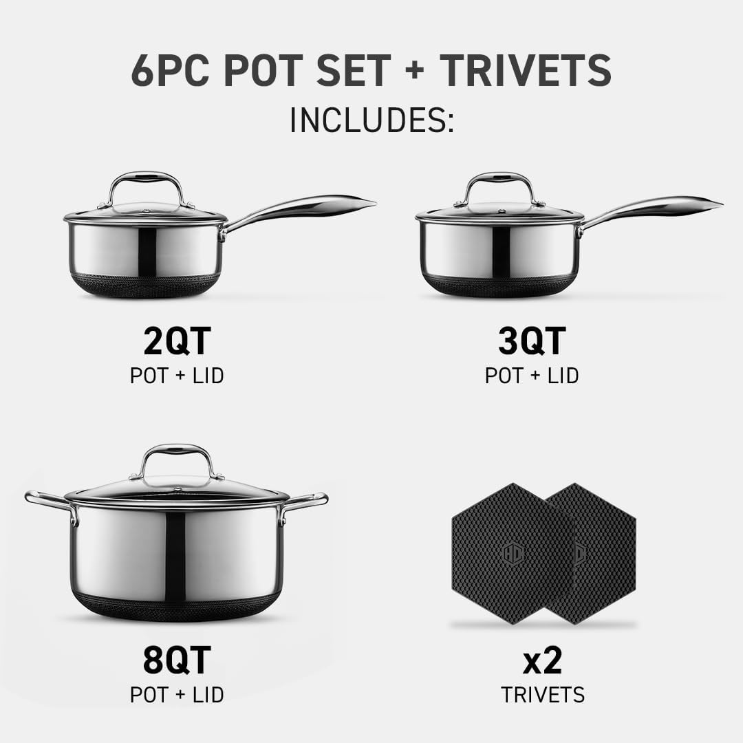 HexClad Hybrid Nonstick 6-Piece Pot Set with 2 Silicone Trivets, 2, 3, and 8-Quart Pots with Tempered Glass Lids, Stay-Cool Handles, Dishwasher