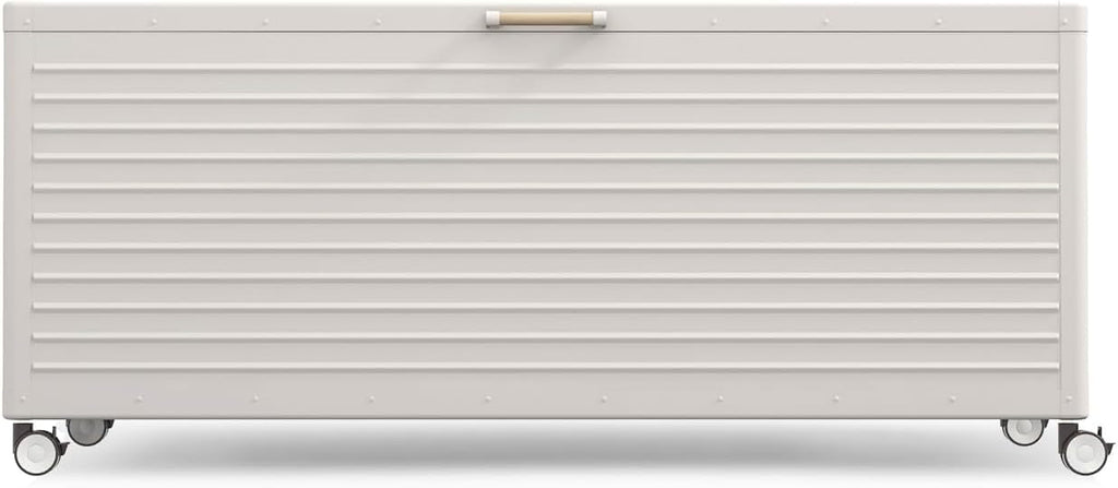 MIRADOR 281 Gallon Outdoor Storage Box Waterproof, Metal Deck Box with wheels for Patio Furniture, Garden Tools, Outdoor Cushion, Latte