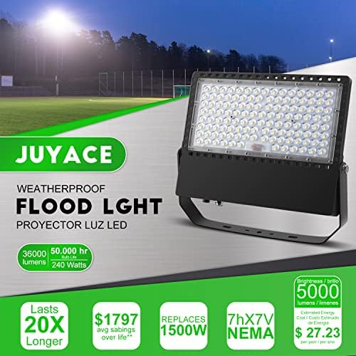 Juyace 240W LED Stadium Lights Outdoor 1500 Watt Equivalent Wider Lighting Angle Led Flood 100-277V 36000LM 5000K Daylight Commercial Arena for