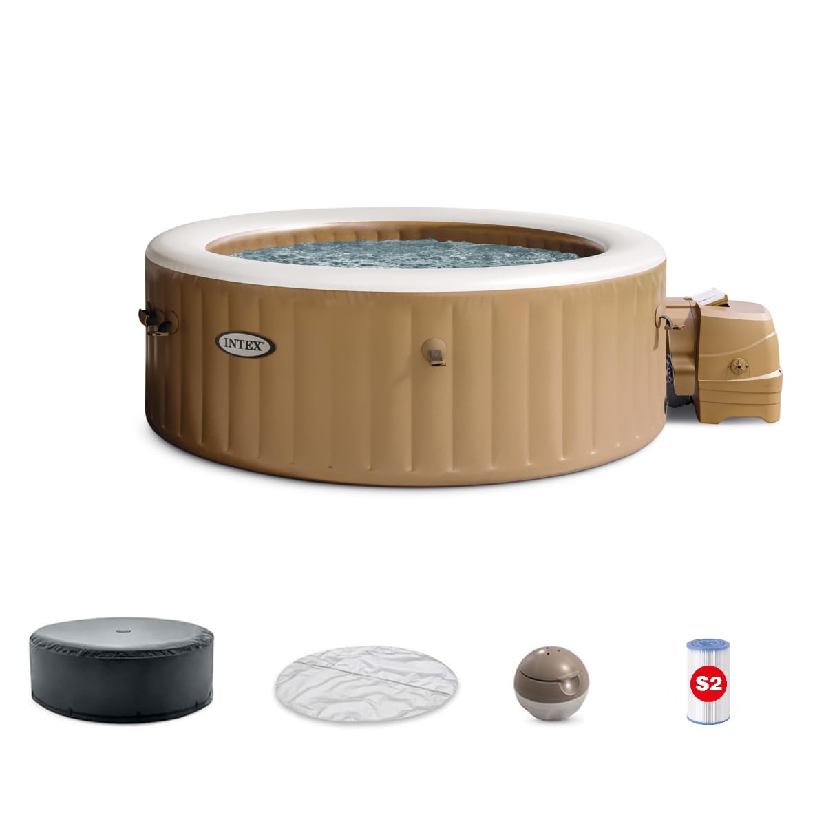 INTEX 28425EH PureSpa Bubble Massage Spa Set Outdoor Inflatable Portable Hot Tub, Includes Energy Efficient Spa Cover, Saltwater System Ready, 4
