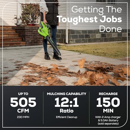 Greenworks 40V (230 MPH / 505 CFM) Cordless Brushless Leaf Blower/Vacuum with Bag, High Power, Lightweight & Quiet for Yard Debris Cleanup, Includes