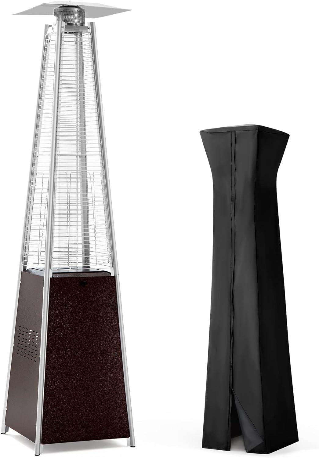 PAMAPIC Patio Heater, 42,000 BTU Quartz Glass Tube Brown Tower Propane Outdoor Heater with Cover