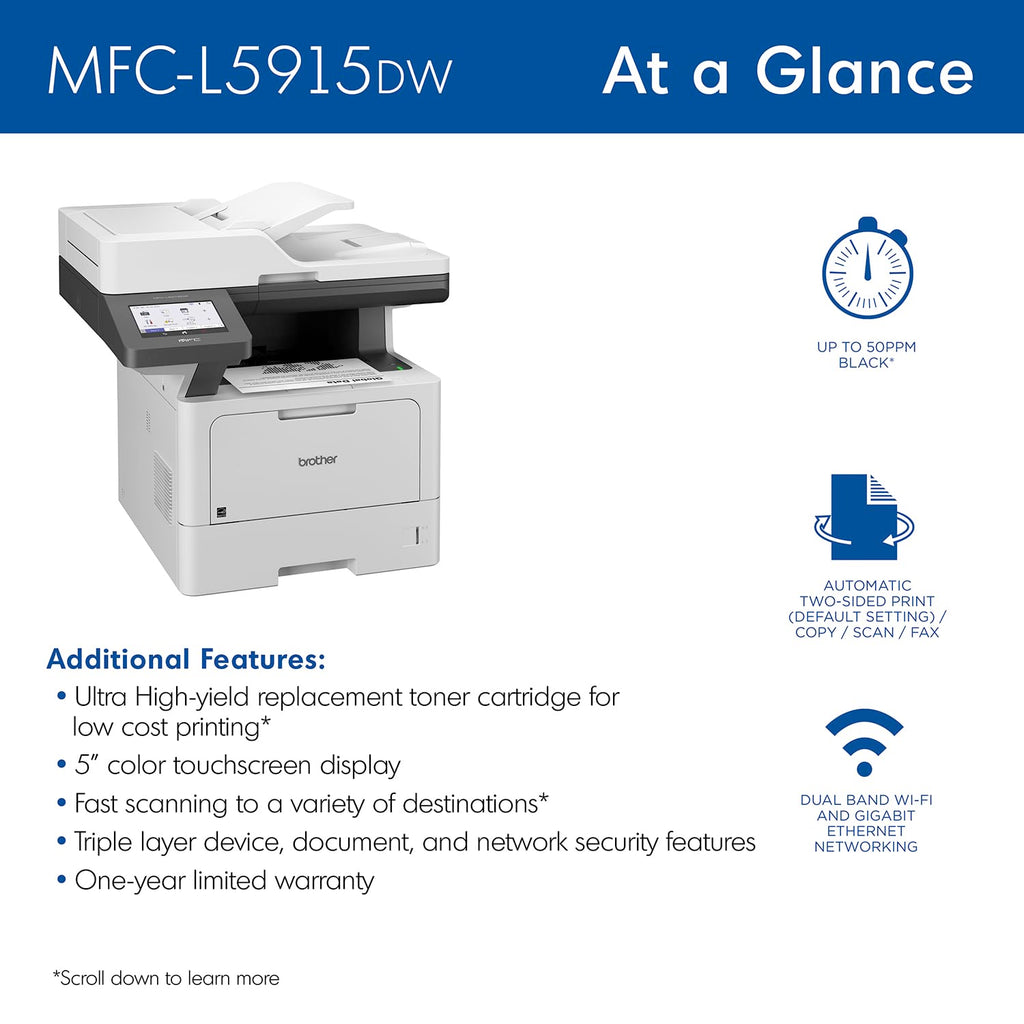 Brother Professional Laser Printer All-in-One with Scanner and Copier, High-Speed 50 ppm Monochrome Printing, Wireless Network Ready, Dual-Band WiFi