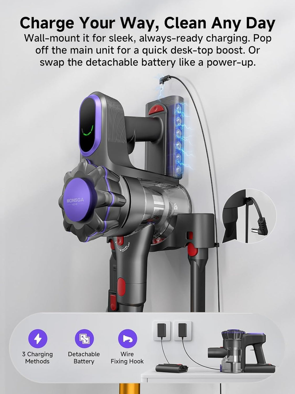 MONSGA Cordless Vacuum Cleaner, 45KPa 400W Stick Vacuum for Home, 50Mins Anti-Tangled Vacuum Cleaner with Charging Dock, Light-Weighted Handheld