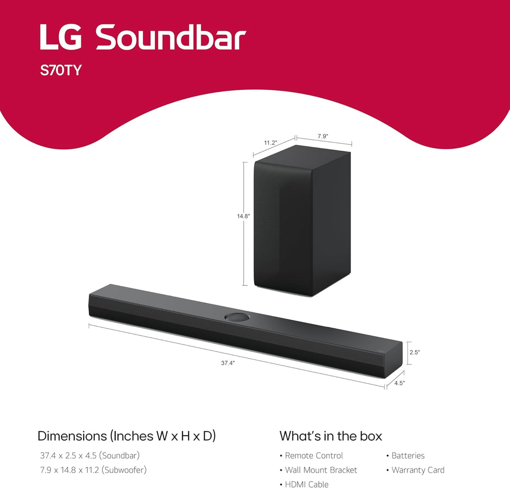 LG S70TY 3.1.1-Channel QNED TV Matching Soundbar, Dolby Atmos, Wow Orchestra, Rear Speaker Ready, Wireless Subwoofer (2024 Model)
