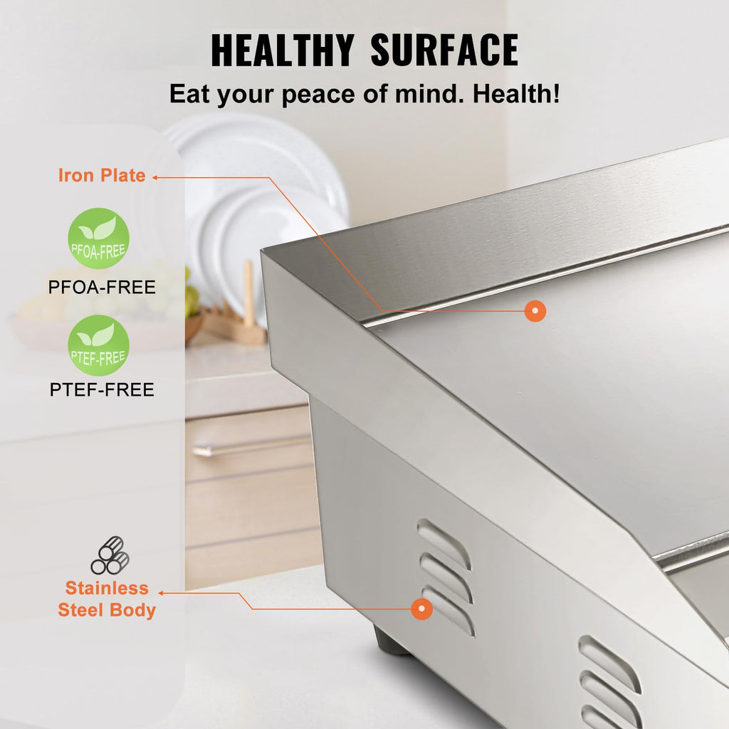 VEVOR Upgraded Commercial Electric Griddle, 2800W Stainless Steel Countertop Flat Top Grill, 26'' Griddle Grill with 2 Shovels and 2 Brushes, 122H