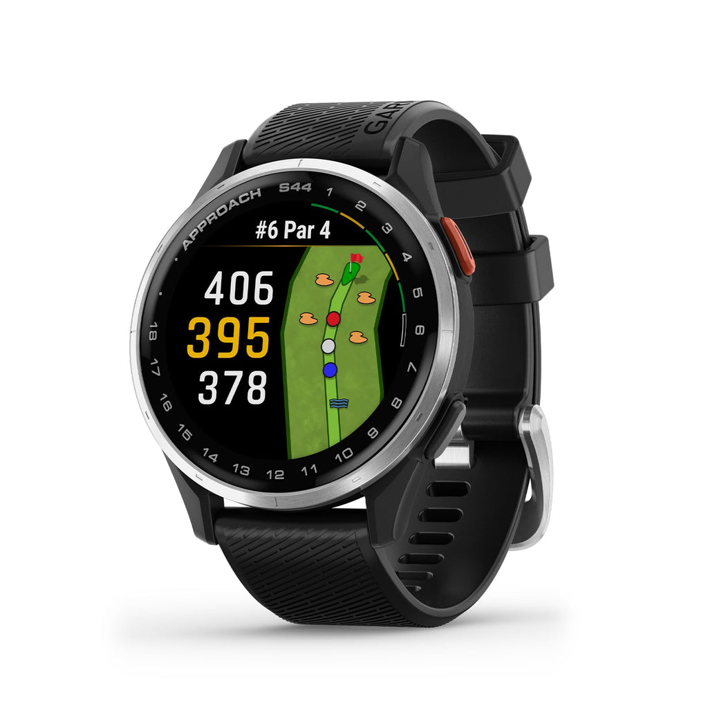 Garmin Approach® S44, Essential Golf GPS Smartwatch, AMOLED Display, On-Course Features, Silver Aluminum Bezel with Black Silicone Band