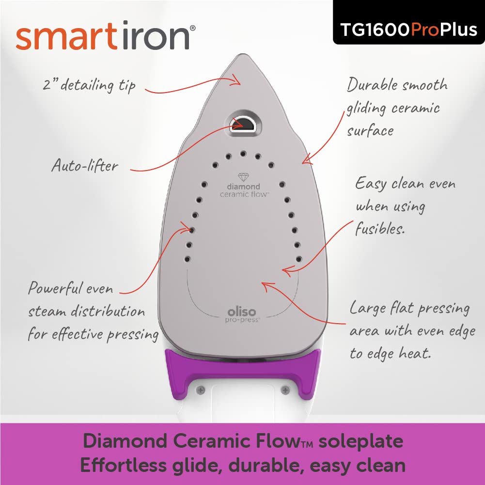 oliso TG1600 ProPlus Smart Iron with Auto-Lift C 1800 Watt Steam Iron for Clothes, Sewing, Quilting & Crafting C Diamond Ceramic-Flow Soleplate