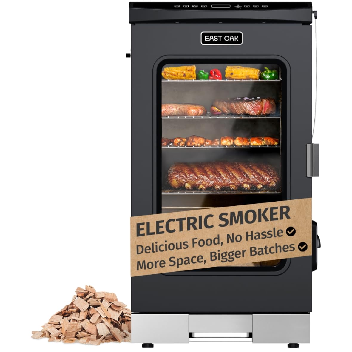 EAST OAK 30-inch Electric Smoker, Outdoor Smoker with Convenient Side Wood Chip Loader, 725 Sq Inches of Cooking, Digital Control and 4 Removable