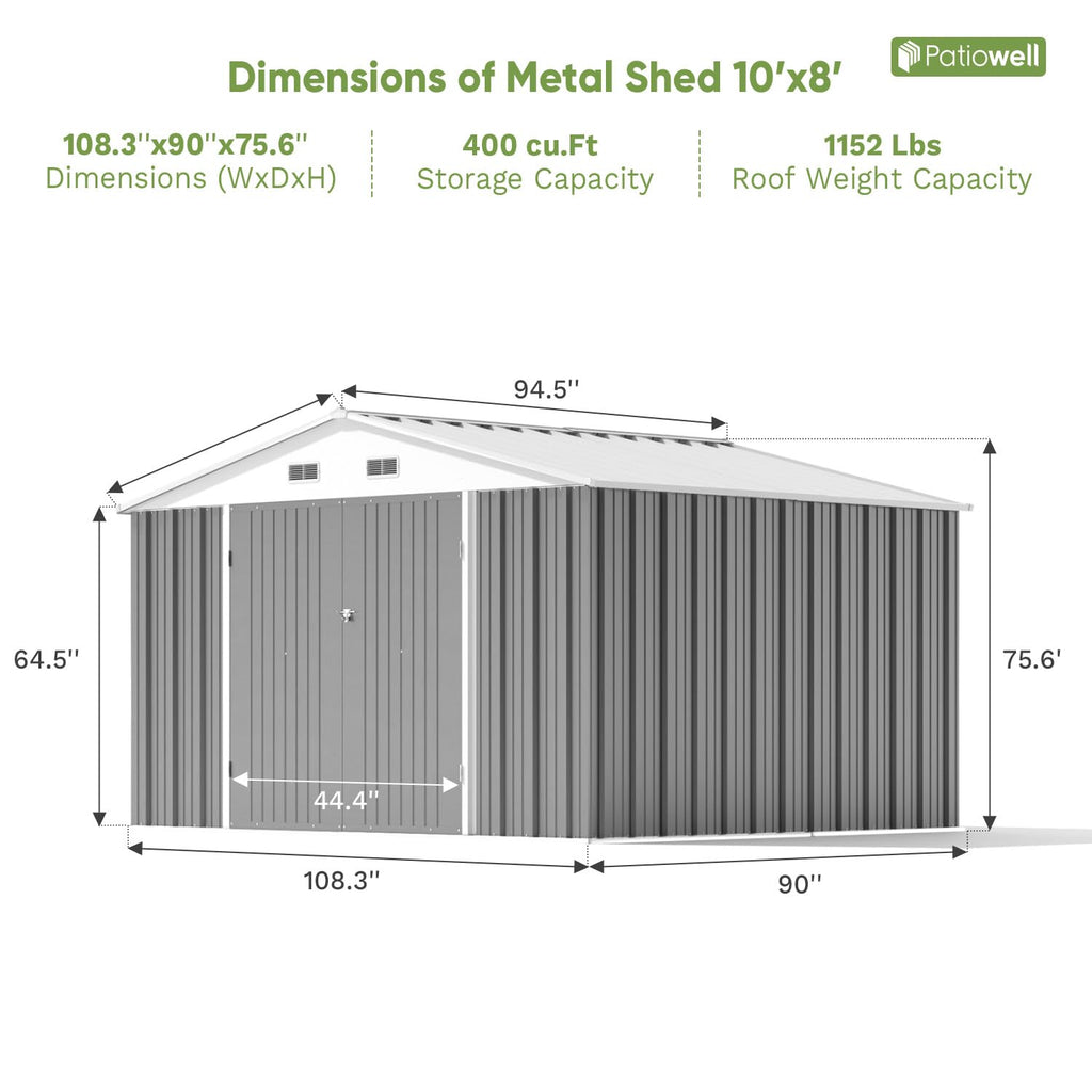 Patiowell 10 x 12 FT Metal Storage Shed for Outdoor, Steel Yard Shed with Design of Lockable Doors, Utility and Tool Storage for Garden, Backyard