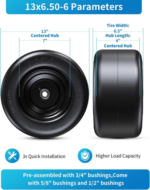 13x6.50-6" Flat Free Lawn Mower Tires, Universal Fit Solid Front Tires for Zero Turn Mowers, Adjustable Hub with 3/4" & 5/8" Bearings for Residential & Commercial Use, 2 Pack, Large Bearing Design