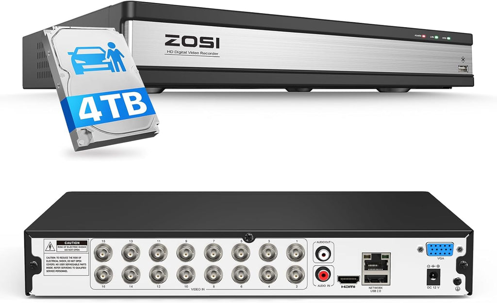 ZOSI 1080P H.265+ 16 Channel Video Security DVR Recorder with AI Human/Vehicle Detection,16CH Hybrid 4-in-1 CCTV DVR with 4TB HDD for Home