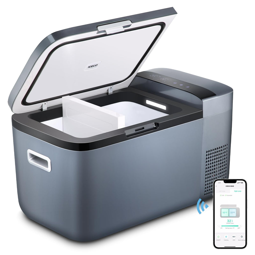ICECO GO20 Dual Zone 12V Refrigerator, Portable Fridge Freezer with SECOP Compressor, DC 12/24V, AC 100-240V, 0H to 50H, Electric Cooler for Truck