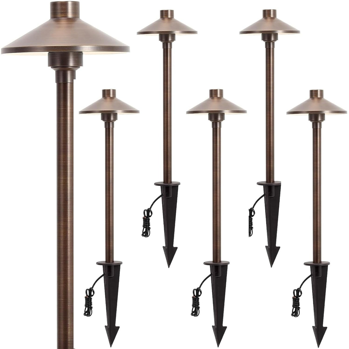 Gardencoin Solid Brass Low Voltage Pathway Lights (6.7'' Shade, 21.9'' Tall), 12V AC/DC Heavy Duty LED Landscape Path Lights Outdoor Wired, Antique