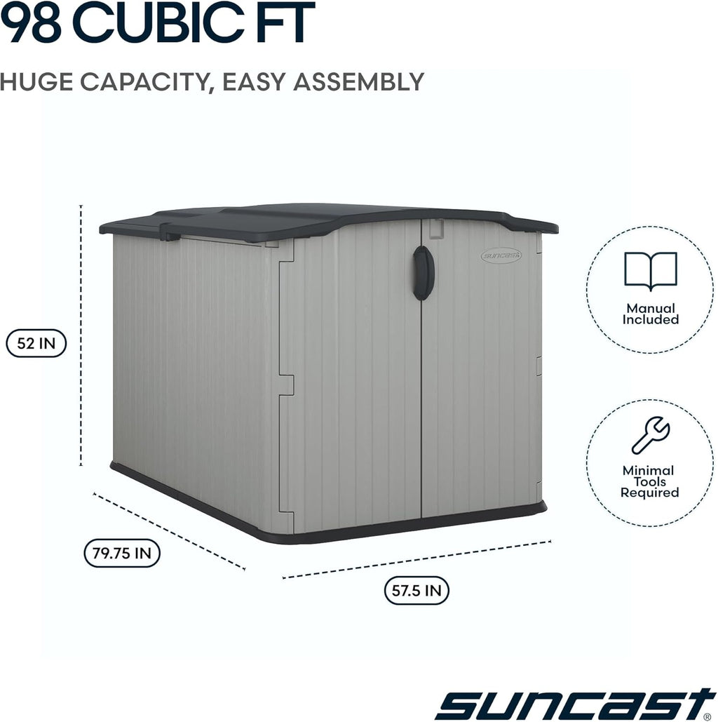 Suncast 138 Cu Ft Horizontal Outdoor Storage Shed, 57.5"x79.75"x52" Glidetop Outdoor Shed with Sliding Lid, Plastic Resin Storage Sheds with Floor