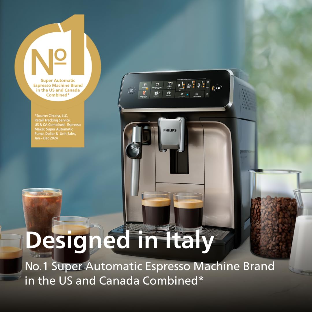 Philips 3300 Series Fully Automatic Espresso Machine with LatteGo Milk System and integrated grinder, 6 Hot & Iced Coffee Pre-Sets, 40% Quieter