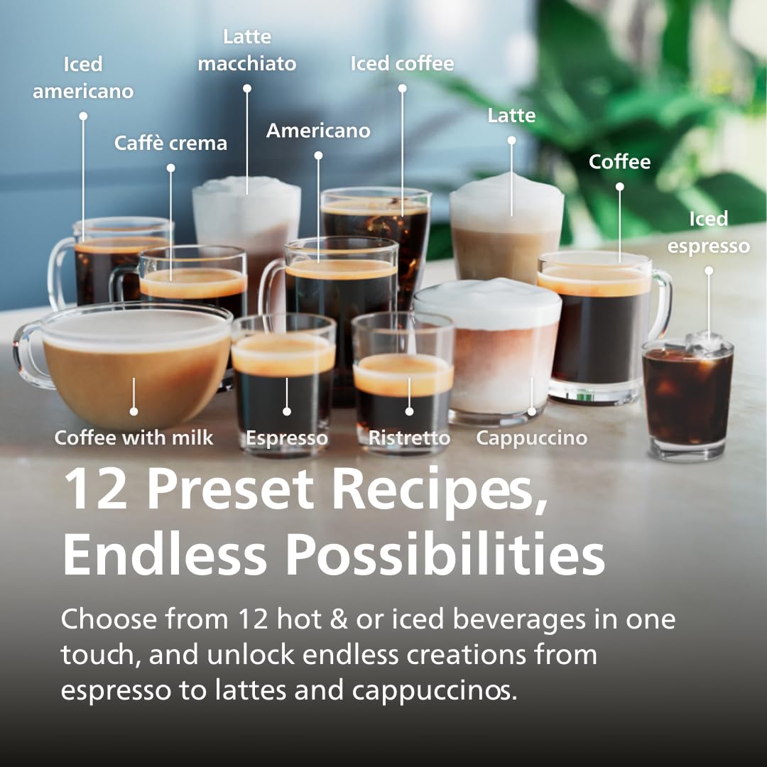 Philips 4400 Series Fully Automatic Espresso Machine, LatteGo Milk System, Integrated Grinder, 12 Hot & Iced Coffee Pre-Sets, Quick Start, SilentBrew