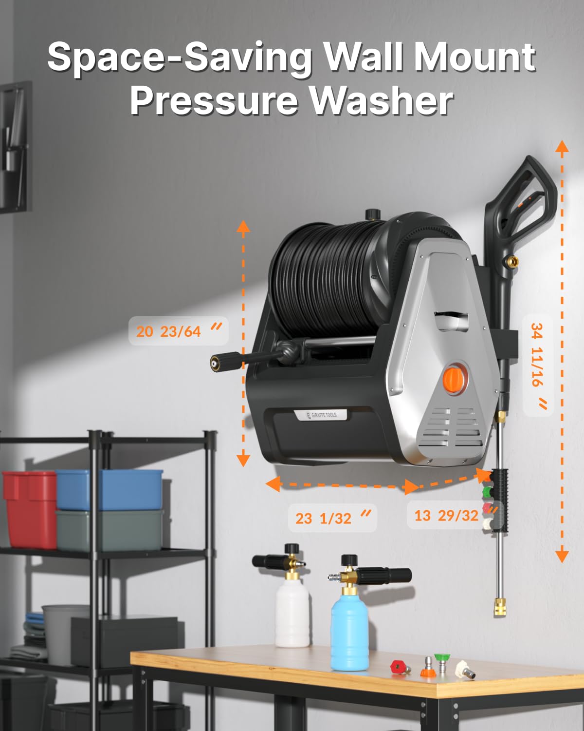 Giraffe Tools Wall Mounted Pressure Washer G30 with Upgraded 1800W Motor, Max 2900 PSI, 2.2 GPM Electric Power Washer with 100ft Retractable Black