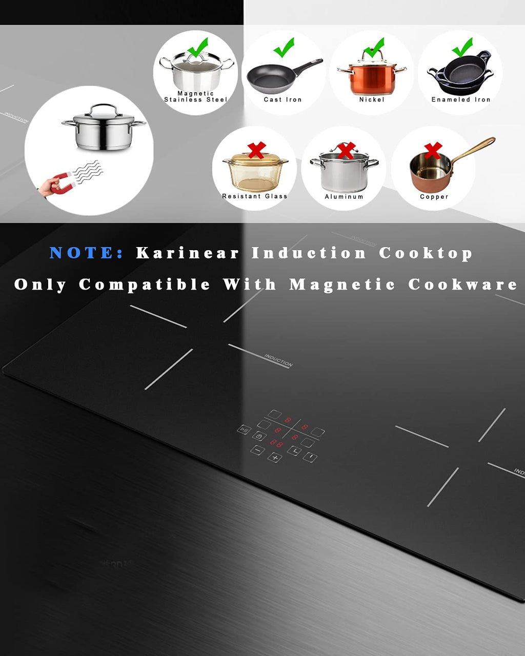 Karinear 24 Inch Induction Cooktop 4 Burner Electric Cooktop, Drop-in Induction Burner with Timer and Child Lock, Pause Function, Vitro Ceramic Glass