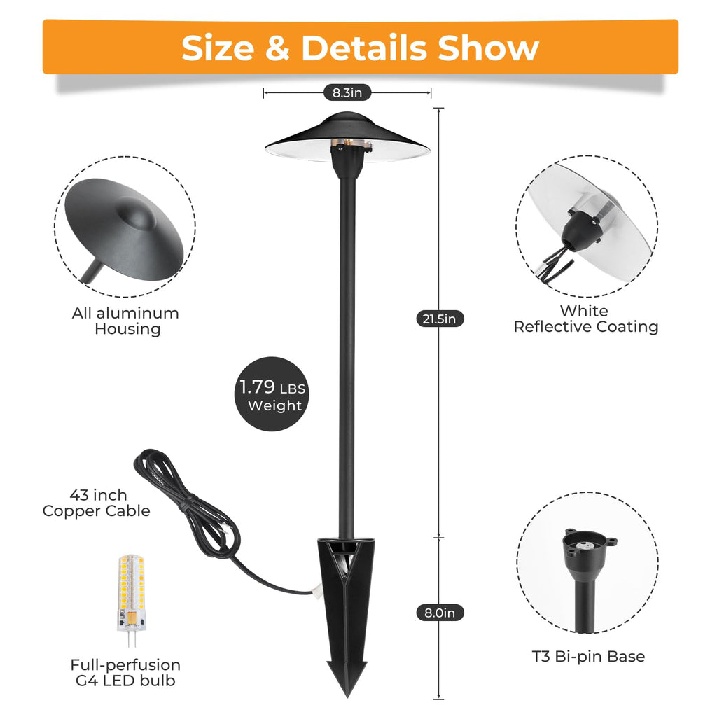 Gardencoin Low Voltage Pathway Lights (8.5'' Shade, 21.5'' Tall)12V Outdoor LED Landscape Path Lights Wired, Aluminum Pathway Lighting with 3W 2700K