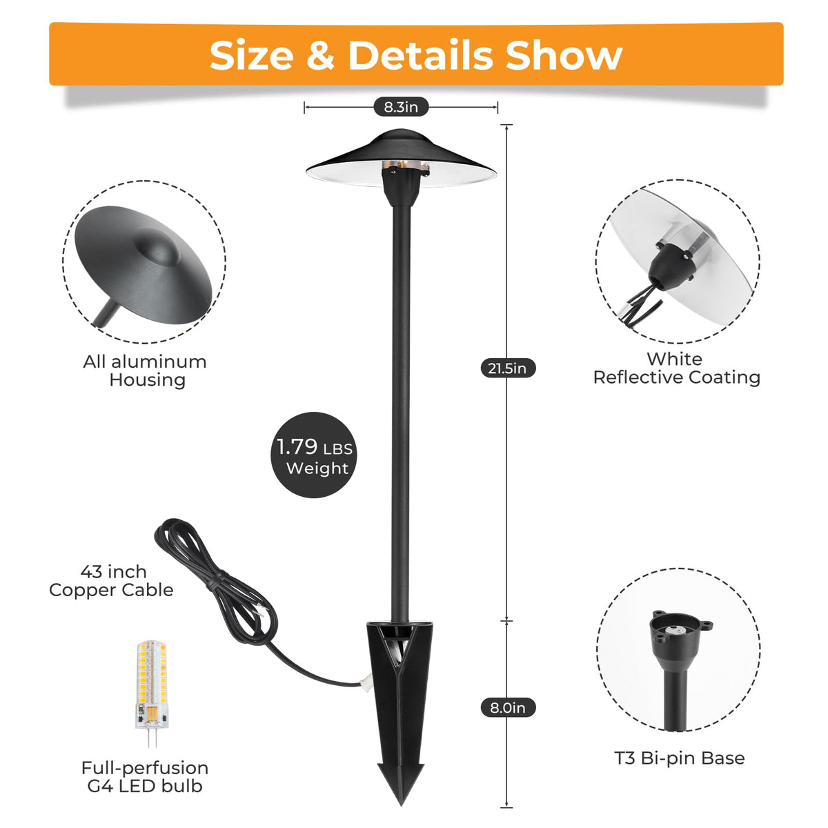 Gardencoin Low Voltage Pathway Lights (8.5'' Shade, 21.5'' Tall)12V Outdoor LED Landscape Path Lights Wired, Aluminum Pathway Lighting with 3W 2700K