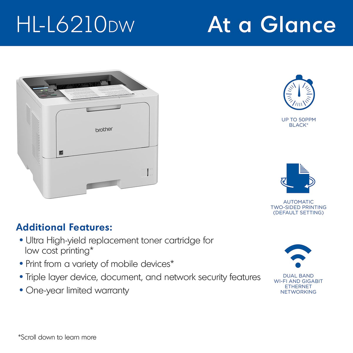 Brother Professional Laser Printer with High-Speed 50 ppm Output, Advanced Security Features, and Wireless Networking for Business, Monochrome