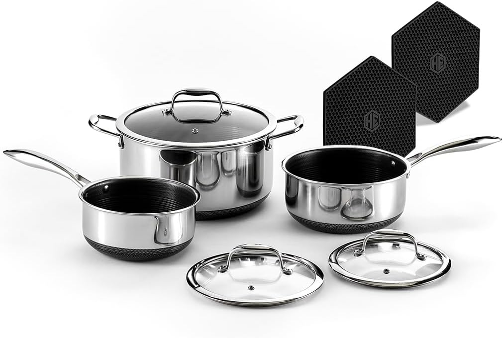 HexClad Hybrid Nonstick 6-Piece Pot Set with 2 Silicone Trivets, 2, 3, and 8-Quart Pots with Tempered Glass Lids, Stay-Cool Handles, Dishwasher