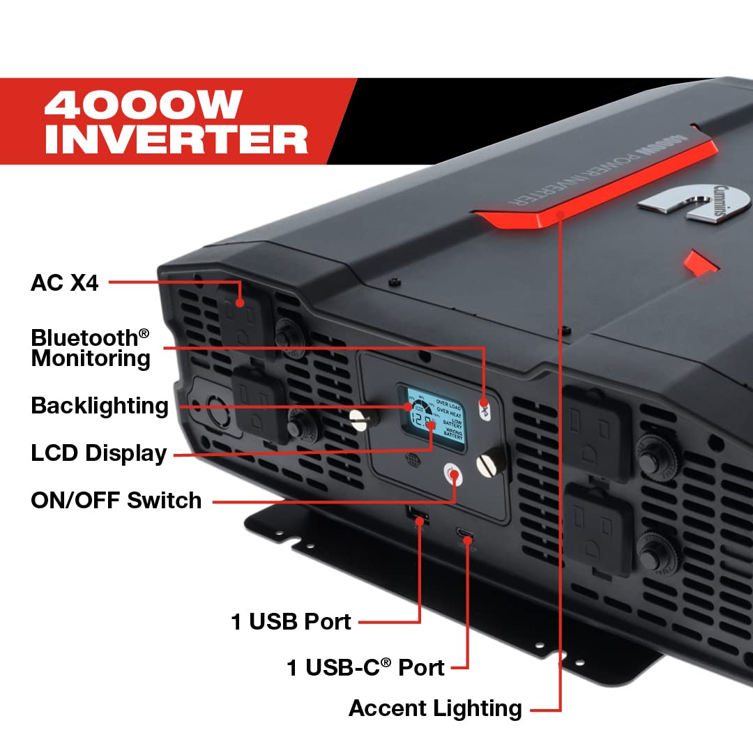 Cummins 5000 Watts Inverter Modified Sine Wave Truck Inverter 12 Volts to 110 Volts Four AC Outlets Two USB Ports (Plus Cable Kit)- CMN5000W