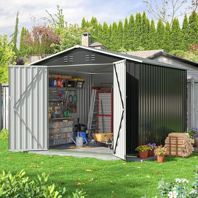 Polar Aurora 12x14 FT Outdoor Storage Shed, Garden Shed with Updated Frame Structure and Lockable Doors, Metal Tool Sheds for Backyard Garden Patio