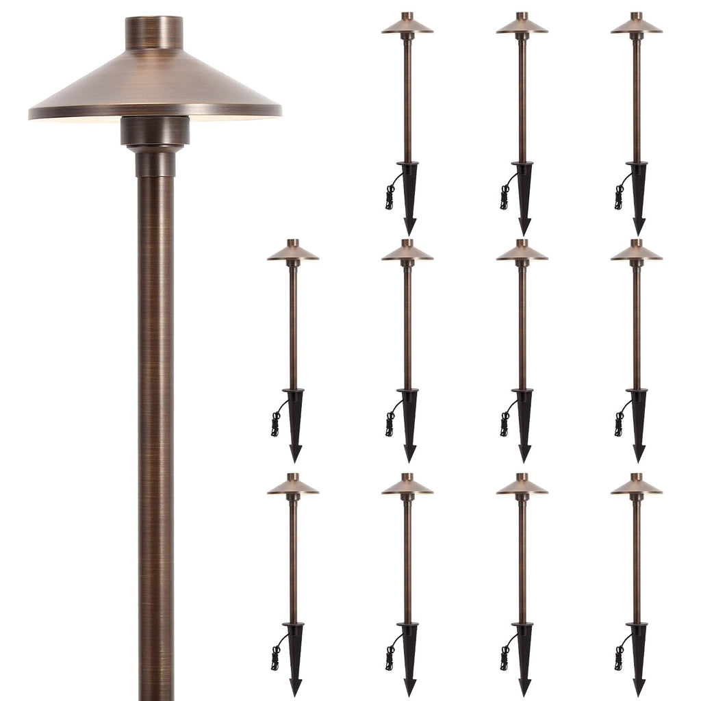 Gardencoin Solid Brass Low Voltage Pathway Lights (6.7'' Shade, 21.9'' Tall), 12V AC/DC Heavy Duty LED Landscape Path Lights Outdoor Wired, Antique