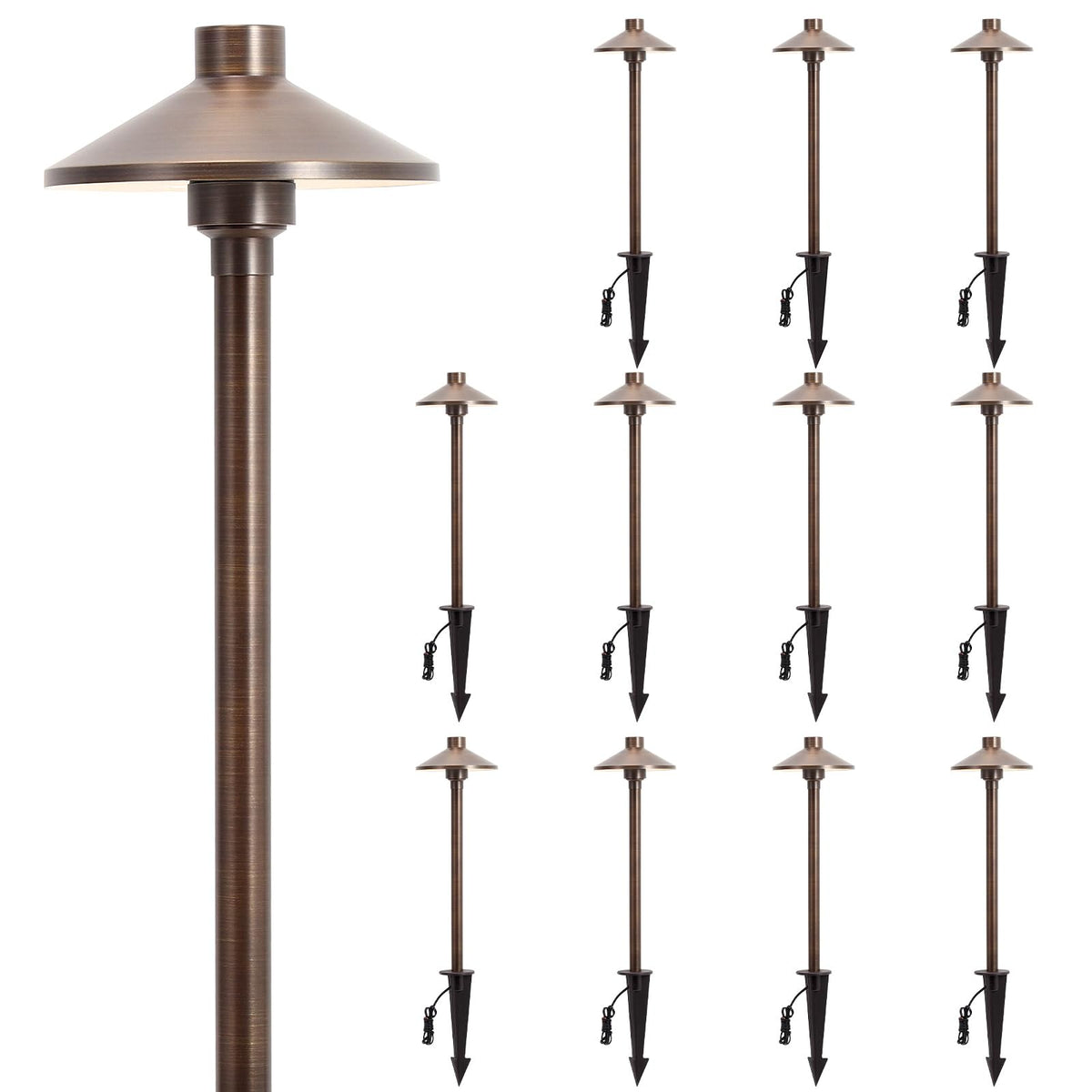 Gardencoin Solid Brass Low Voltage Pathway Lights (6.7'' Shade, 21.9'' Tall), 12V AC/DC Heavy Duty LED Landscape Path Lights Outdoor Wired, Antique