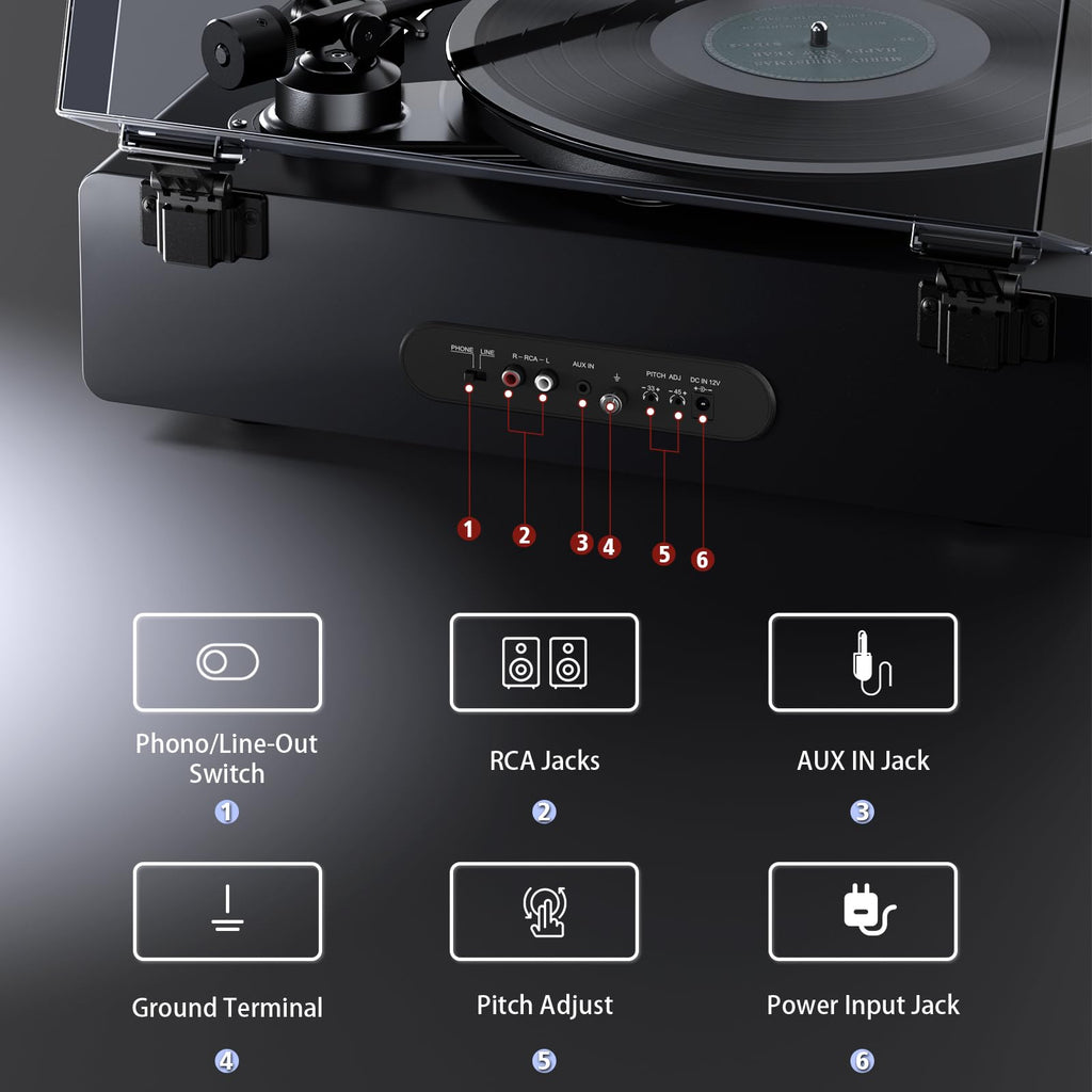 1 by ONE High Fidelity Belt Drive Turntable with Built-in Speakers, Vinyl Record Player with Magnetic Cartridge, Bluetooth Playback and Aux-in